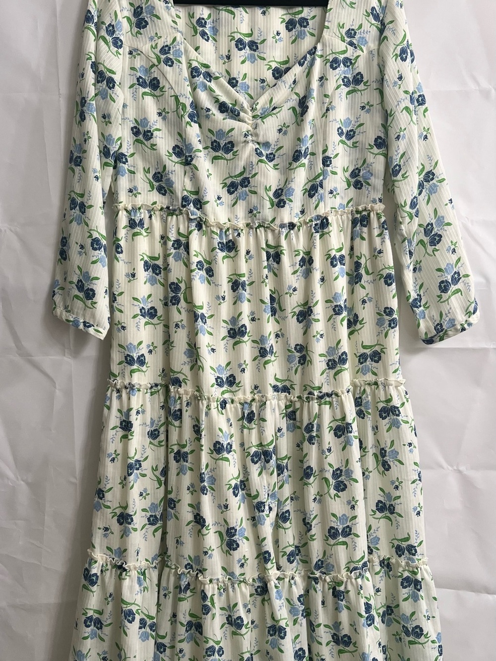 Sweet Baby Jamie Ivory Blue Floral Tiered Midi Cottagecore Romantic Dress Sz XL
